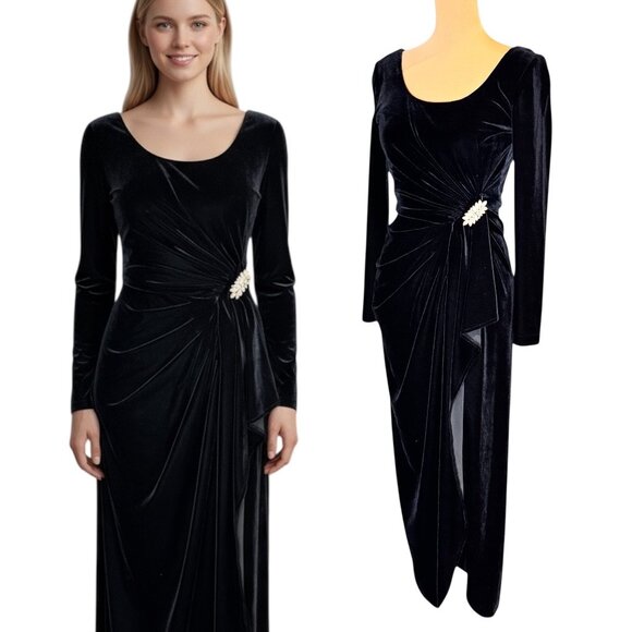 Vintage 90s Gothic Black Velvet Midi Dress Sz 6 Ruching Brooch Event Formal - Picture 1 of 13
